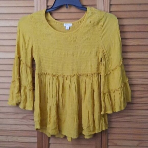 Westport Tops - Westport Mustard Yellow Elastic Bodice Baby Doll Boho Bell Sleeve Top Size M